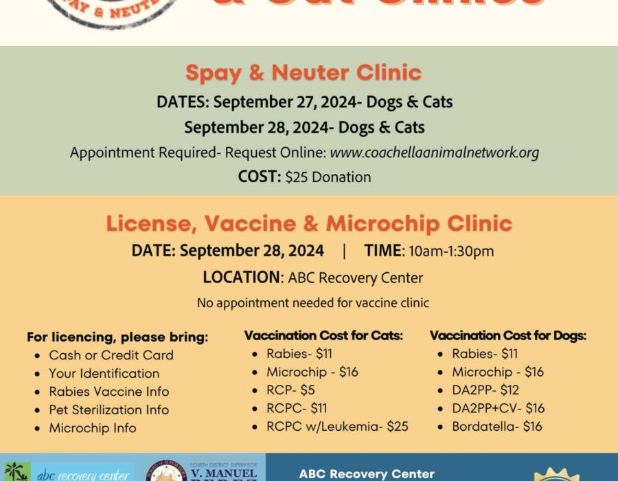 Coachella Valley Network Offering Low Cost License, Vaccine and Microchip Clinic at ABC Recovery Center in Indio on Saturday, September 28